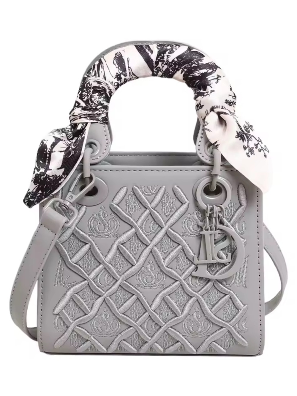 Grey Embroidered Top-Handle Satchel with Scarf Accent